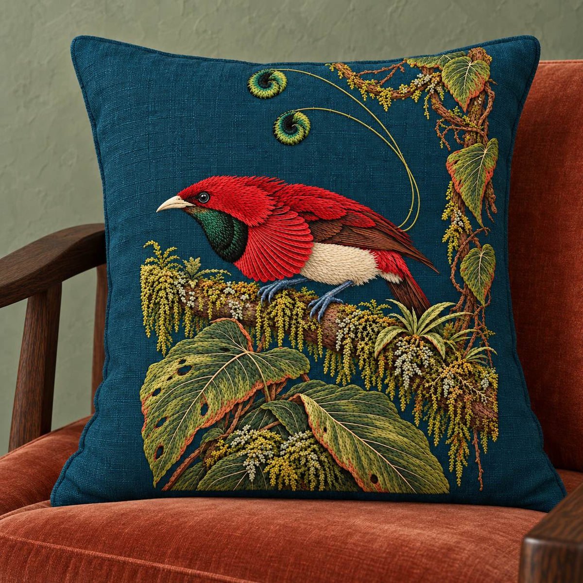 Bird of Paradise in the Moss Theatre visual mockup shown on a cushion in a lounge chair, with the design on deep teal linen.