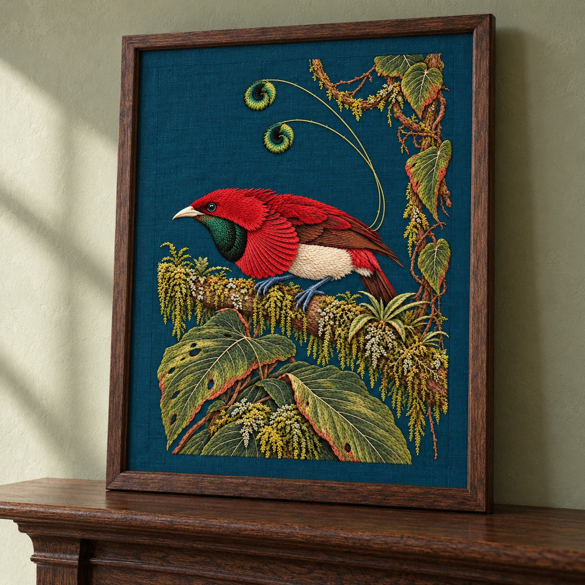 Bird of Paradise in the Moss Theatre visual mockup shown in a frame leaning on a mantel, with the design on deep teal linen.