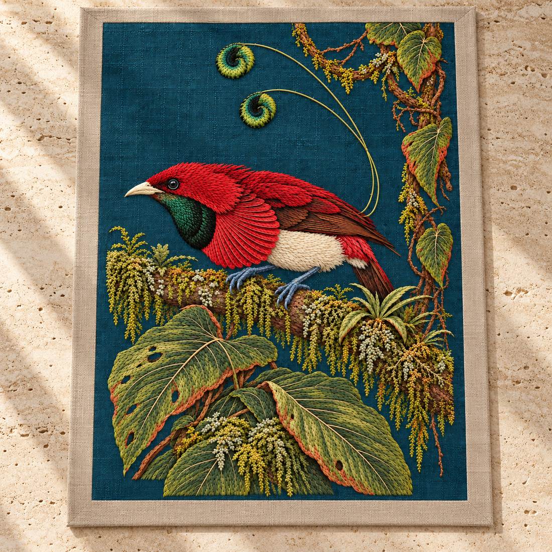 Bird of Paradise in the Moss Theatre visual mockup shown as a textile panel on a stone platform, with the design on deep teal linen.