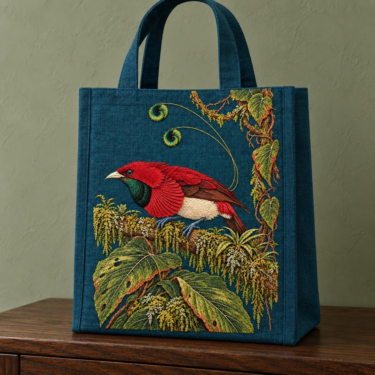 Bird of Paradise in the Moss Theatre visual mockup shown on the front of a structured linen tote, with the design on deep teal linen.
