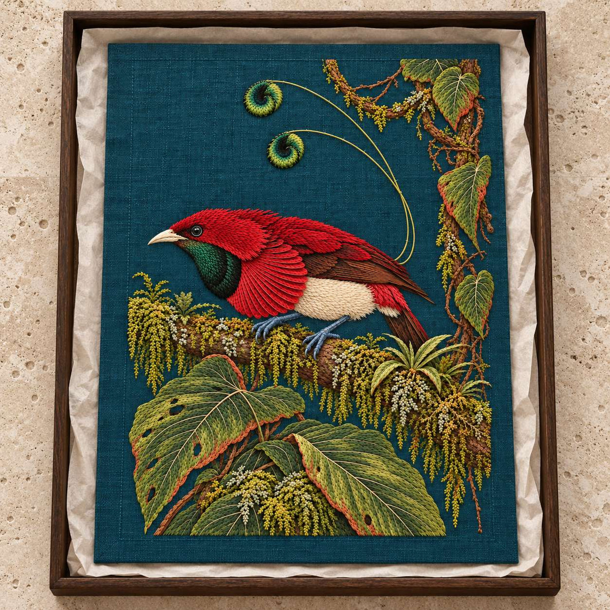 Bird of Paradise in the Moss Theatre visual mockup shown as a textile panel in a collection tray, with the design on deep teal linen.