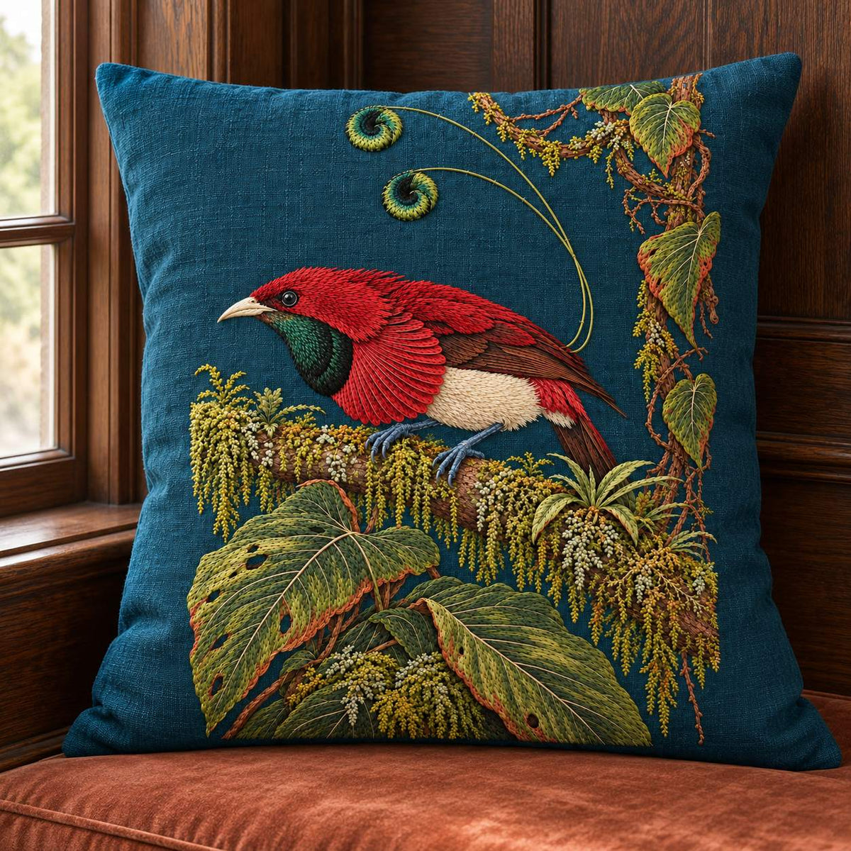 Bird of Paradise in the Moss Theatre visual mockup shown on a cushion beside a window, with the design on deep teal linen.