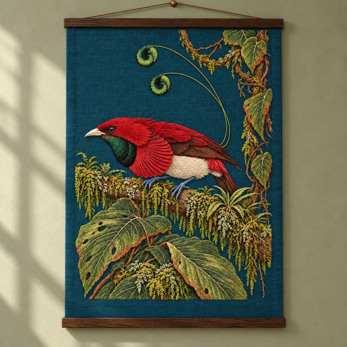 Bird of Paradise in the Moss Theatre visual mockup shown as a hanging textile held by wooden rails, with the design on deep teal linen.