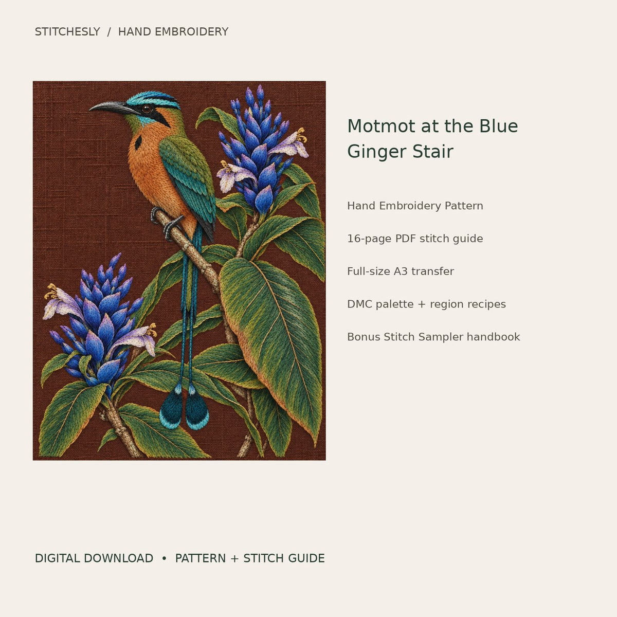 Motmot at the Blue Ginger Stair: digital hand embroidery pattern cover with artwork and included files