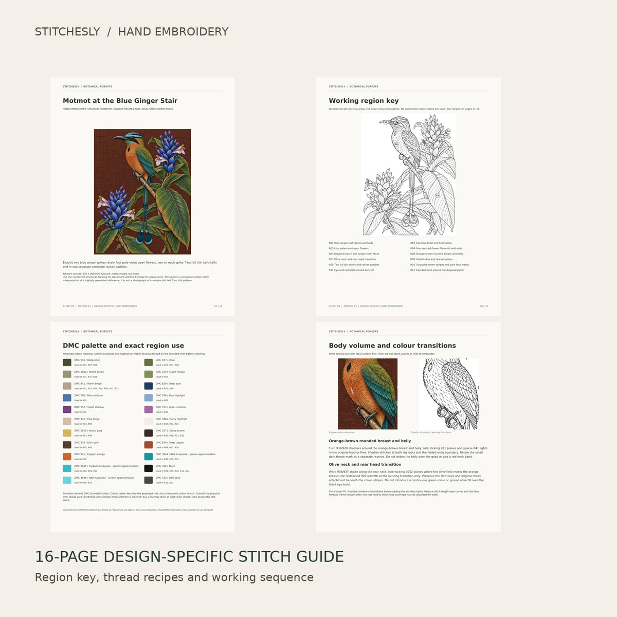Motmot at the Blue Ginger Stair: preview of the 16-page stitch guide, region key, DMC palette and stitching instructions