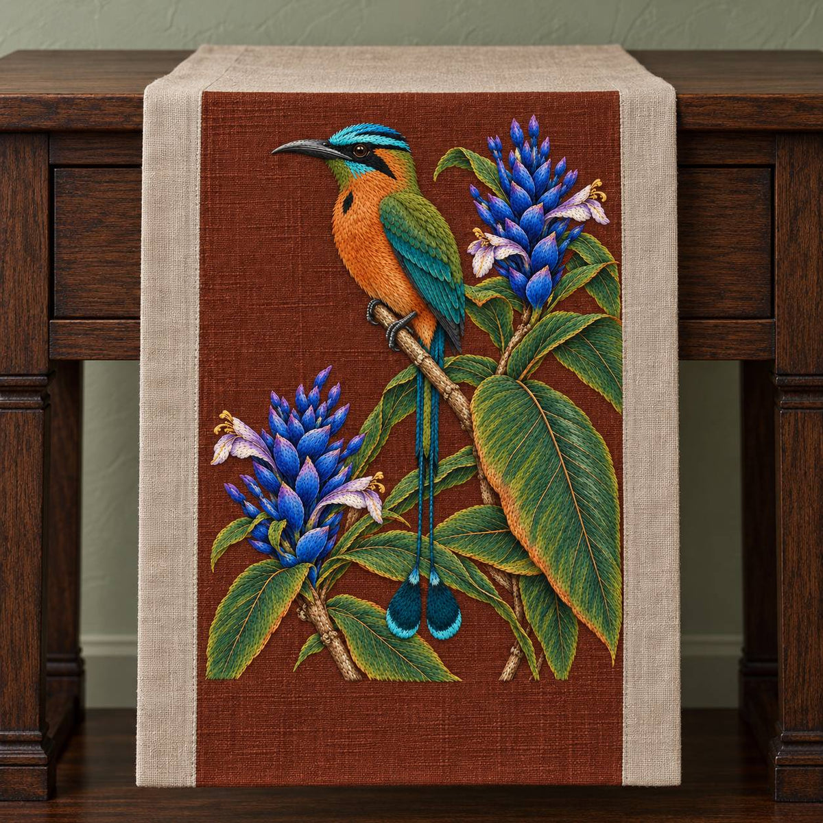 Motmot at the Blue Ginger Stair visual mockup shown on a textile runner over a console, with the design on muted rust linen.