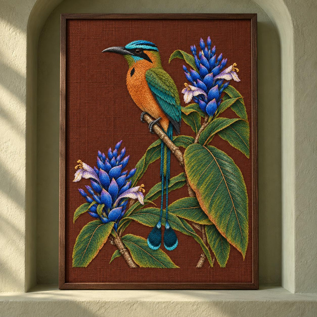 Motmot at the Blue Ginger Stair visual mockup shown as a framed textile in a gallery niche, with the design on muted rust linen.