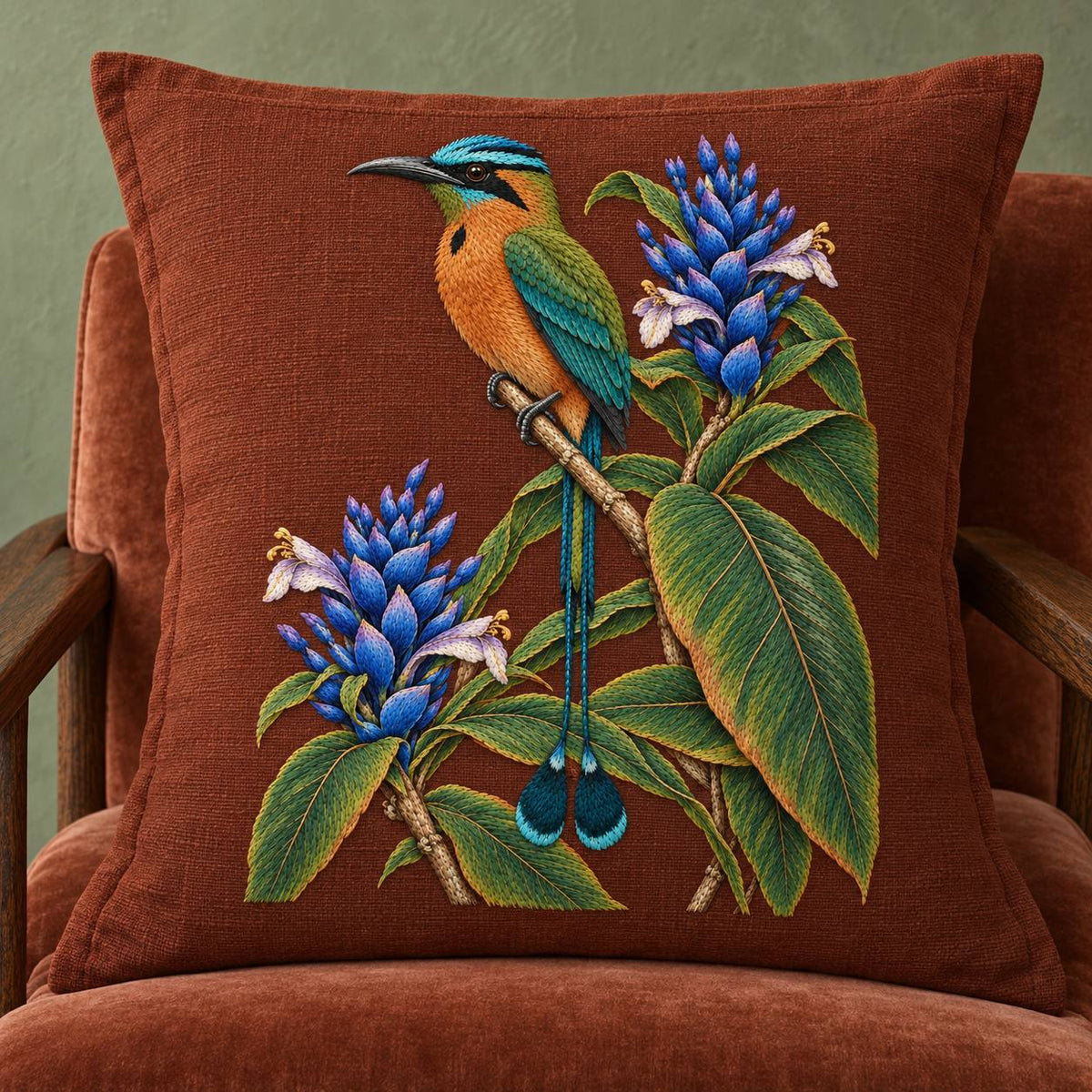 Motmot at the Blue Ginger Stair visual mockup shown on a cushion in a lounge chair, with the design on muted rust linen.