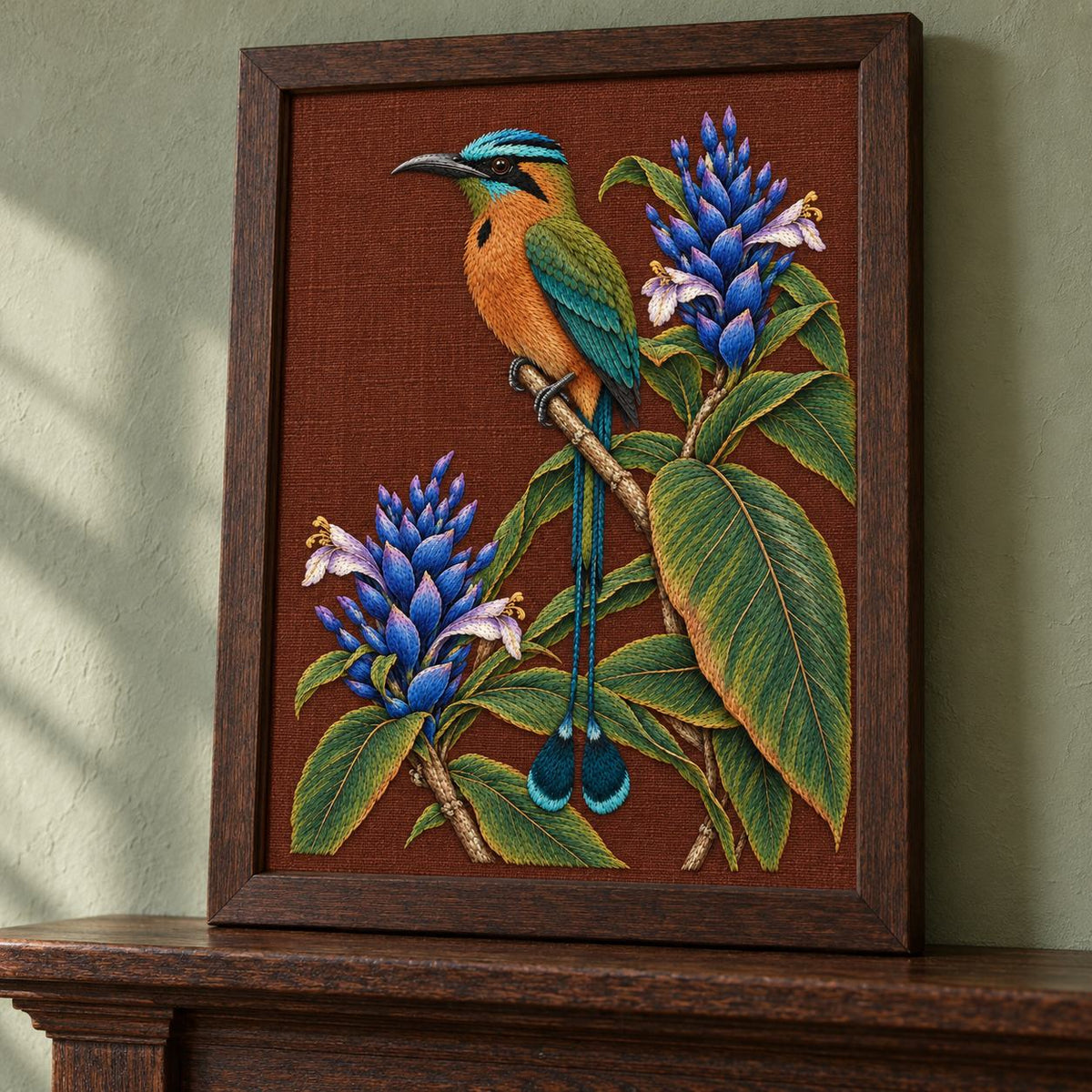Motmot at the Blue Ginger Stair visual mockup shown in a frame leaning on a mantel, with the design on muted rust linen.