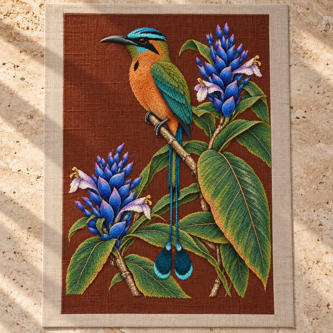 Motmot at the Blue Ginger Stair visual mockup shown as a textile panel on a stone platform, with the design on muted rust linen.