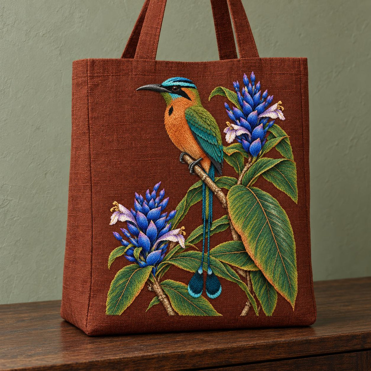 Motmot at the Blue Ginger Stair visual mockup shown on the front of a structured linen tote, with the design on muted rust linen.