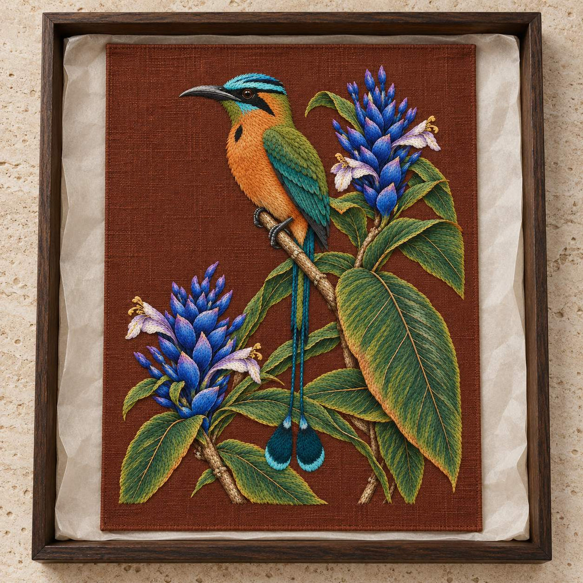 Motmot at the Blue Ginger Stair visual mockup shown as a textile panel in a collection tray, with the design on muted rust linen.