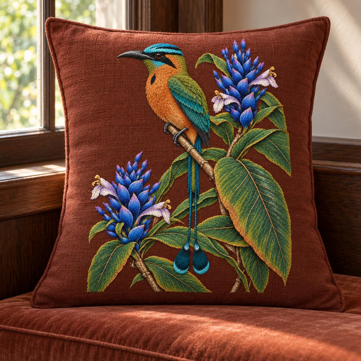 Motmot at the Blue Ginger Stair visual mockup shown on a cushion beside a window, with the design on muted rust linen.