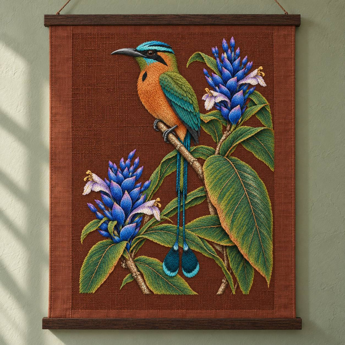 Motmot at the Blue Ginger Stair visual mockup shown as a hanging textile held by wooden rails, with the design on muted rust linen.