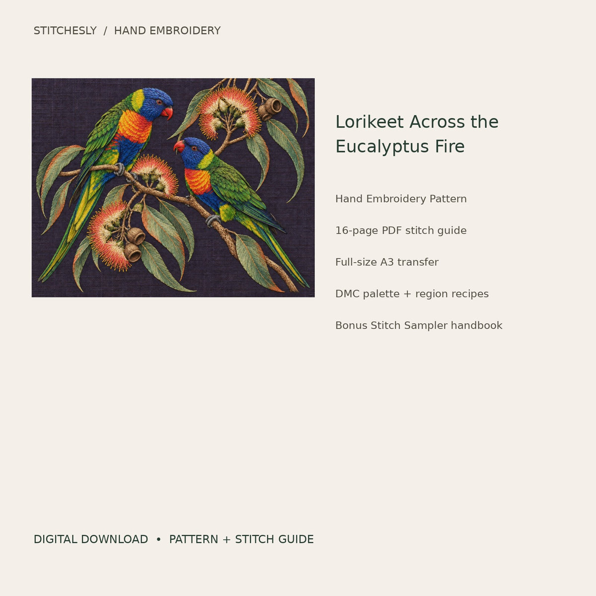 Lorikeet Across the Eucalyptus Fire: digital hand embroidery pattern cover with artwork and included files
