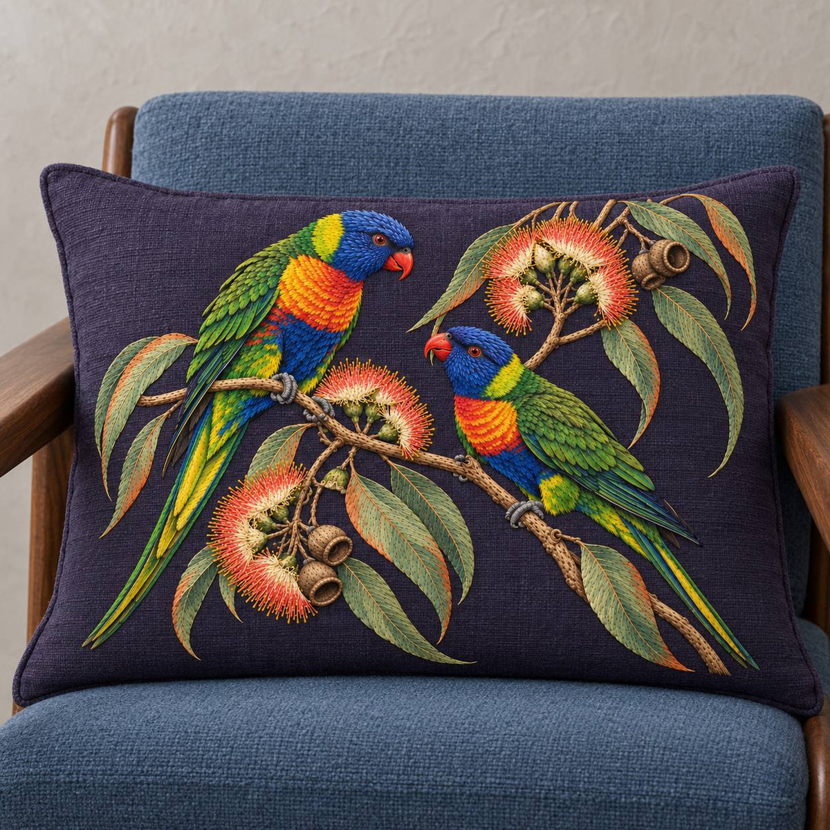 Lorikeet Across the Eucalyptus Fire visual mockup shown on a cushion in a lounge chair, with the design on deep violet linen.