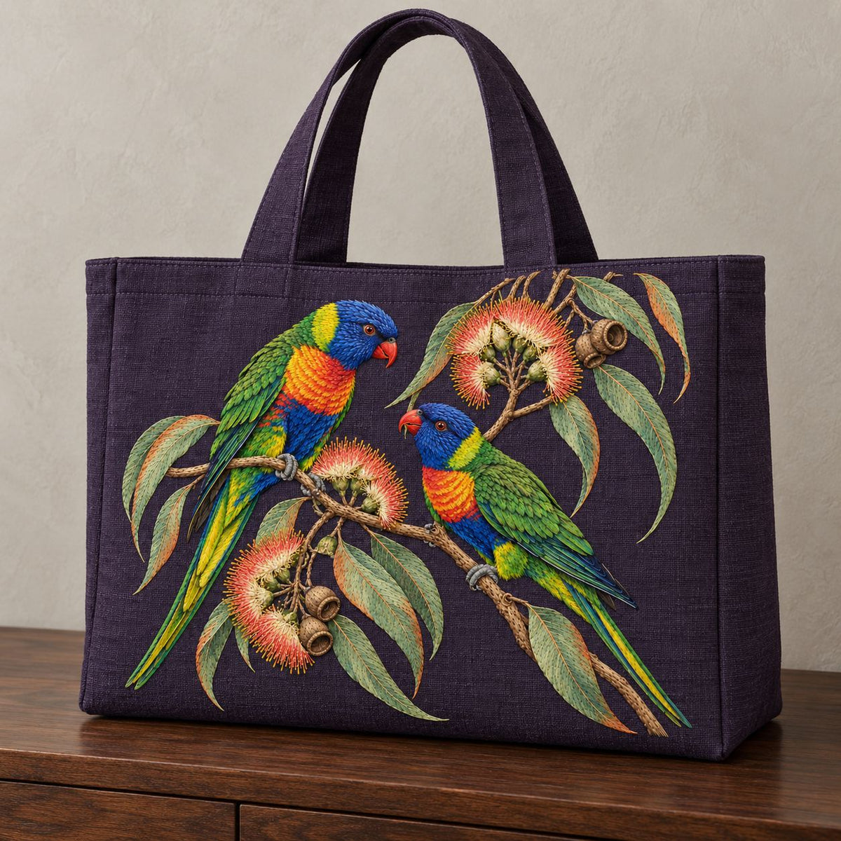 Lorikeet Across the Eucalyptus Fire visual mockup shown on the front of a structured linen tote, with the design on deep violet linen.
