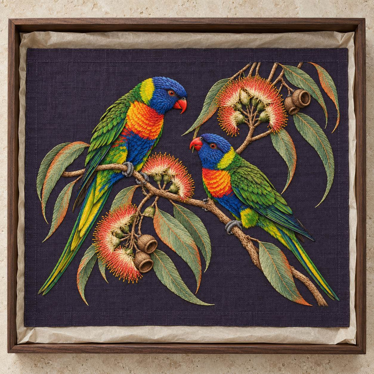 Lorikeet Across the Eucalyptus Fire visual mockup shown as a textile panel in a collection tray, with the design on deep violet linen.