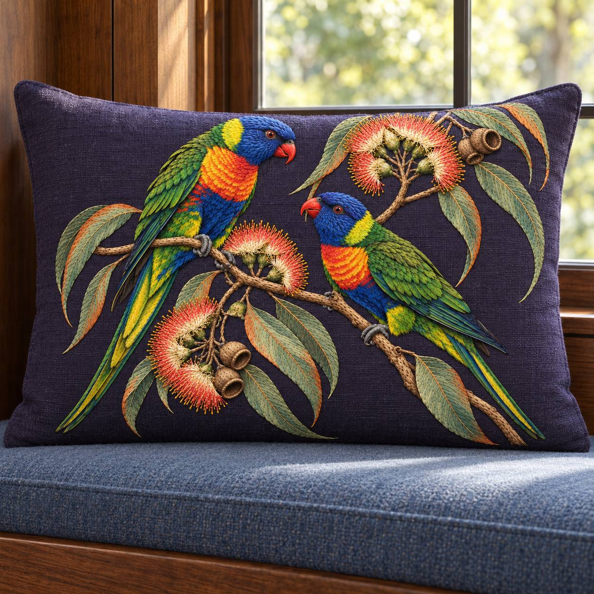 Lorikeet Across the Eucalyptus Fire visual mockup shown on a cushion beside a window, with the design on deep violet linen.
