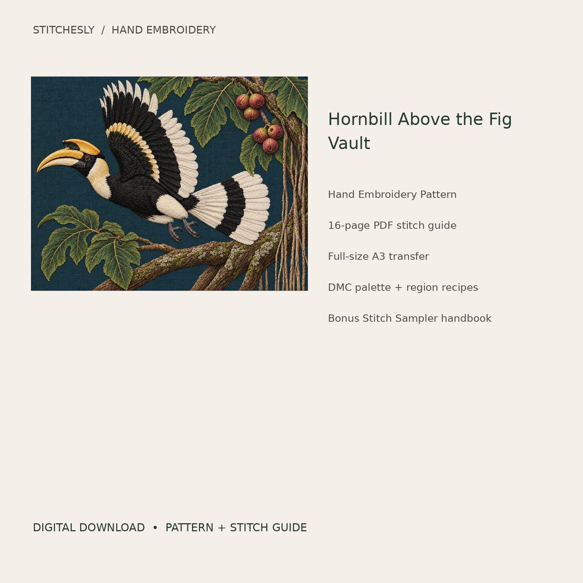 Hornbill Above the Fig Vault: digital hand embroidery pattern cover with artwork and included files