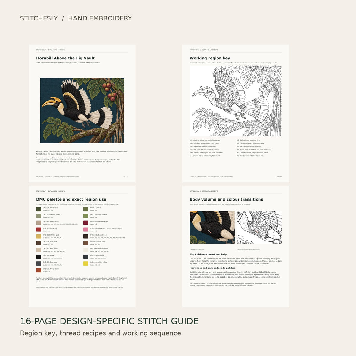 Hornbill Above the Fig Vault: preview of the 16-page stitch guide, region key, DMC palette and stitching instructions