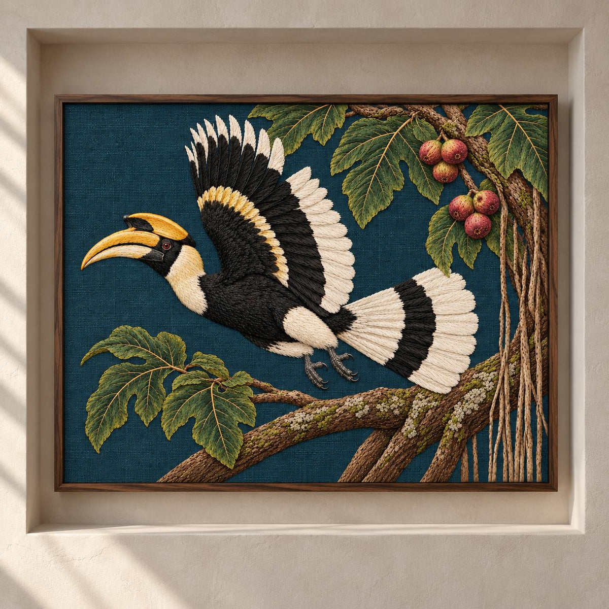 Hornbill Above the Fig Vault visual mockup shown as a framed textile in a gallery niche, with the design on deep teal-blue linen.