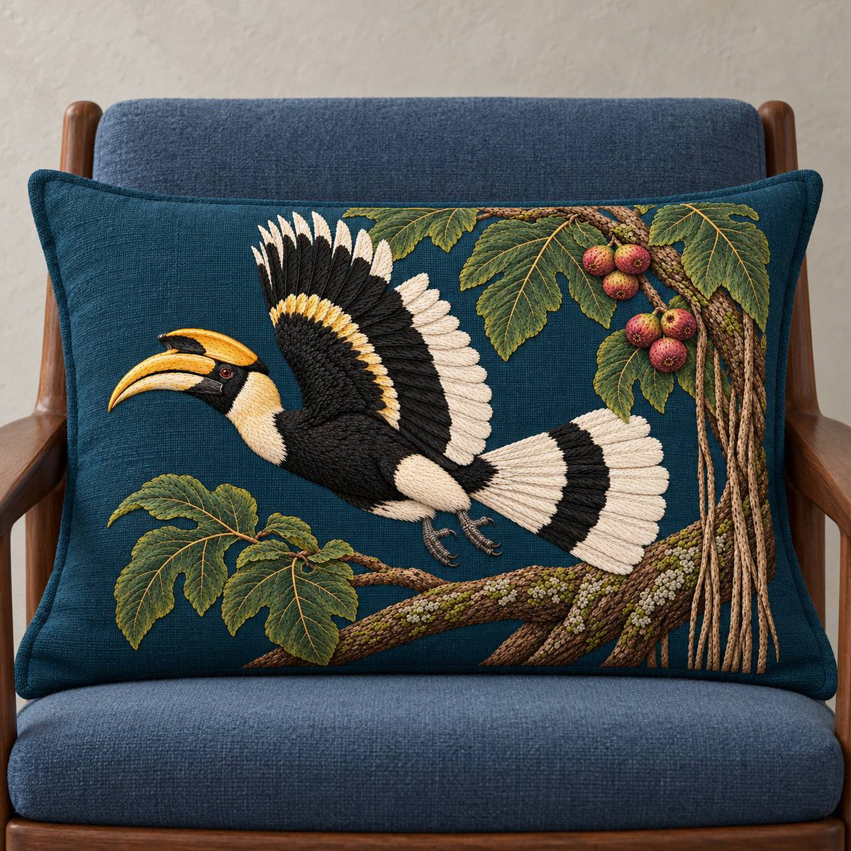 Hornbill Above the Fig Vault visual mockup shown on a cushion in a lounge chair, with the design on deep teal-blue linen.