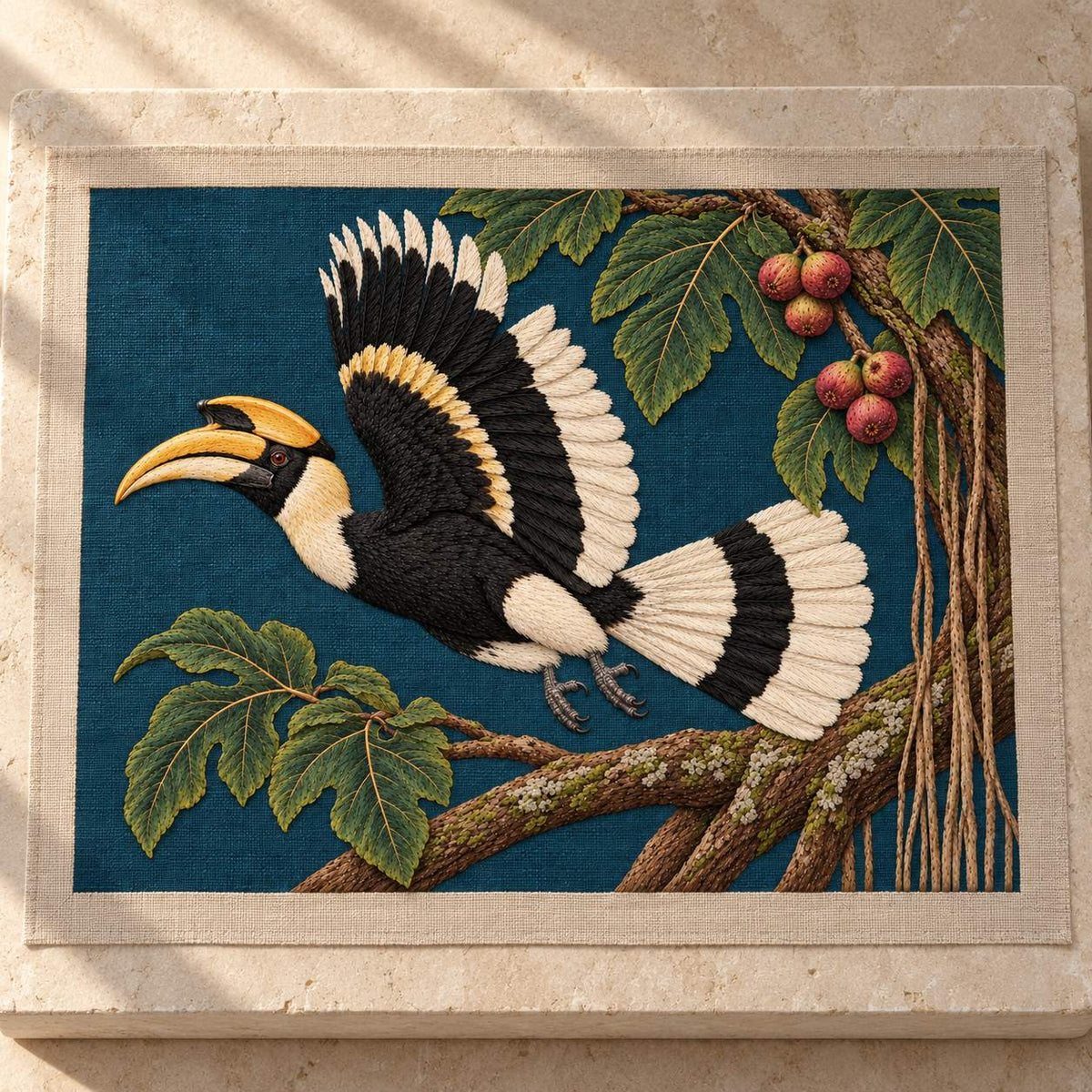 Hornbill Above the Fig Vault visual mockup shown as a textile panel on a stone platform, with the design on deep teal-blue linen.