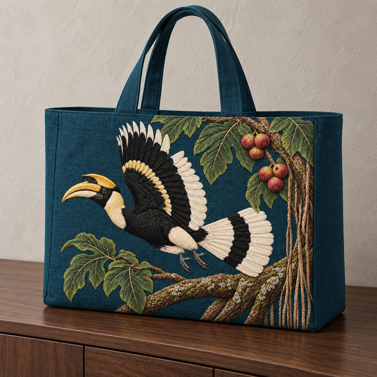 Hornbill Above the Fig Vault visual mockup shown on the front of a structured linen tote, with the design on deep teal-blue linen.