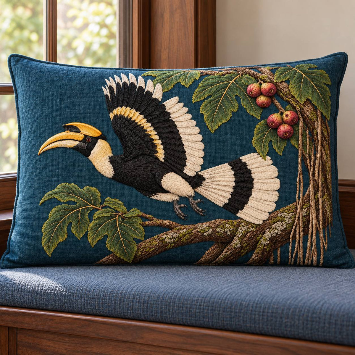 Hornbill Above the Fig Vault visual mockup shown on a cushion beside a window, with the design on deep teal-blue linen.