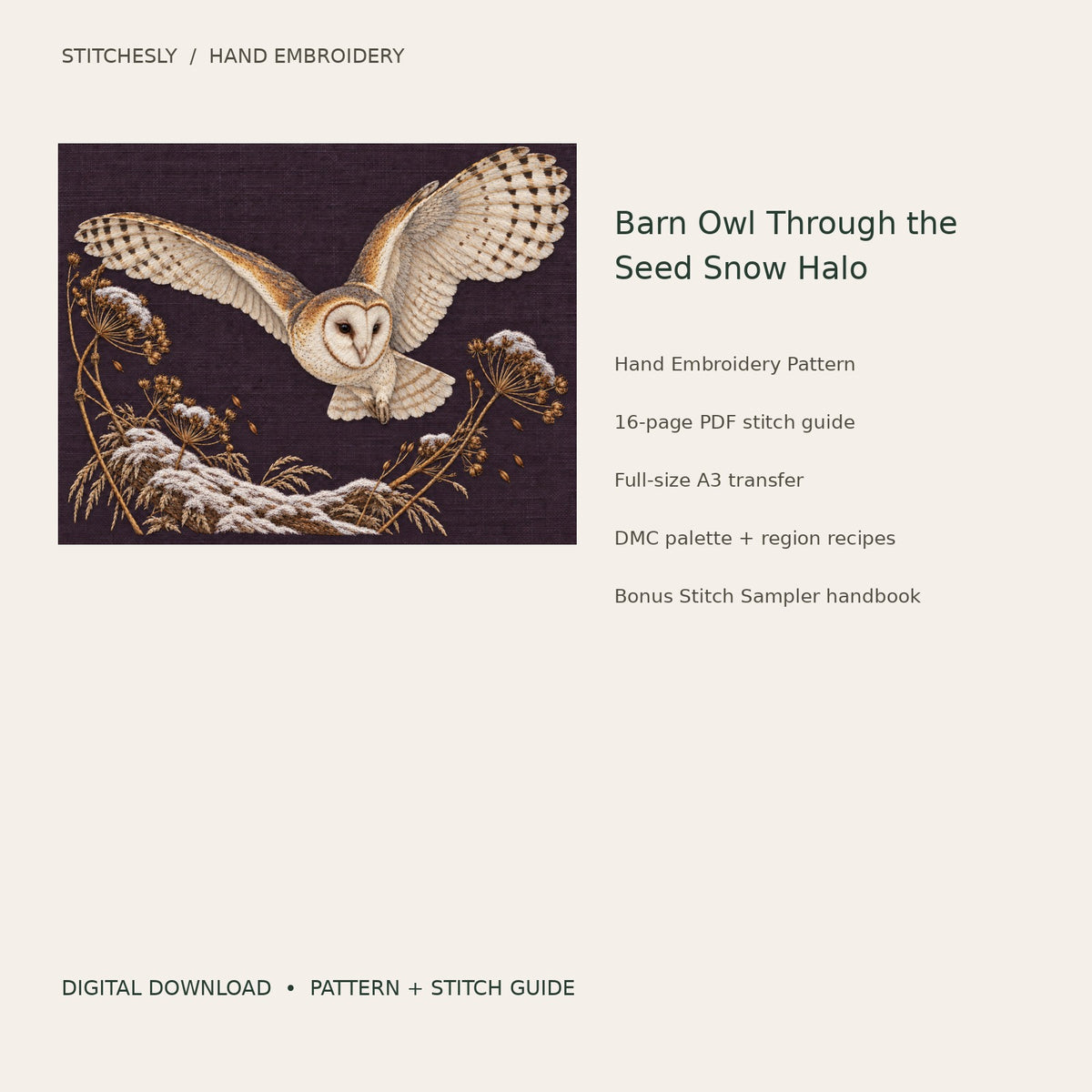 Barn Owl Through the Seed Snow Halo: digital hand embroidery pattern cover with artwork and included files