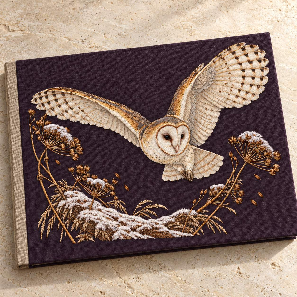 Barn Owl Through the Seed Snow Halo visual mockup shown on a cloth portfolio cover, with the design on deep plum linen.