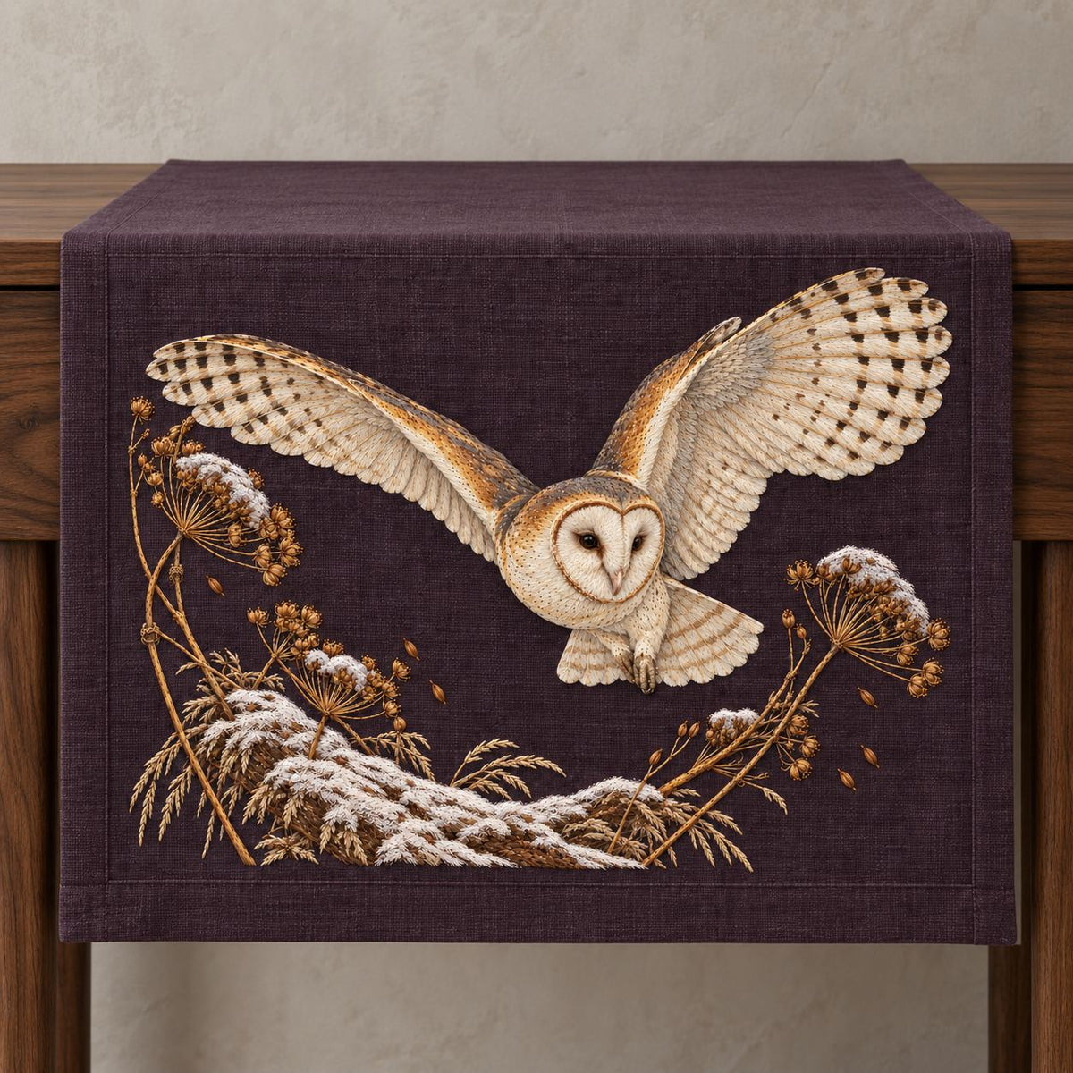 Barn Owl Through the Seed Snow Halo visual mockup shown on a textile runner over a console, with the design on deep plum linen.