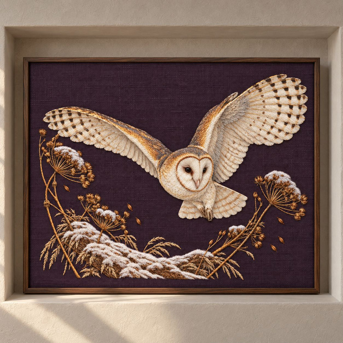 Barn Owl Through the Seed Snow Halo visual mockup shown as a framed textile in a gallery niche, with the design on deep plum linen.
