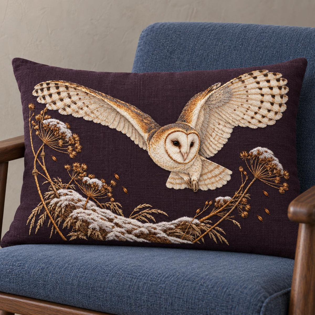 Barn Owl Through the Seed Snow Halo visual mockup shown on a cushion in a lounge chair, with the design on deep plum linen.