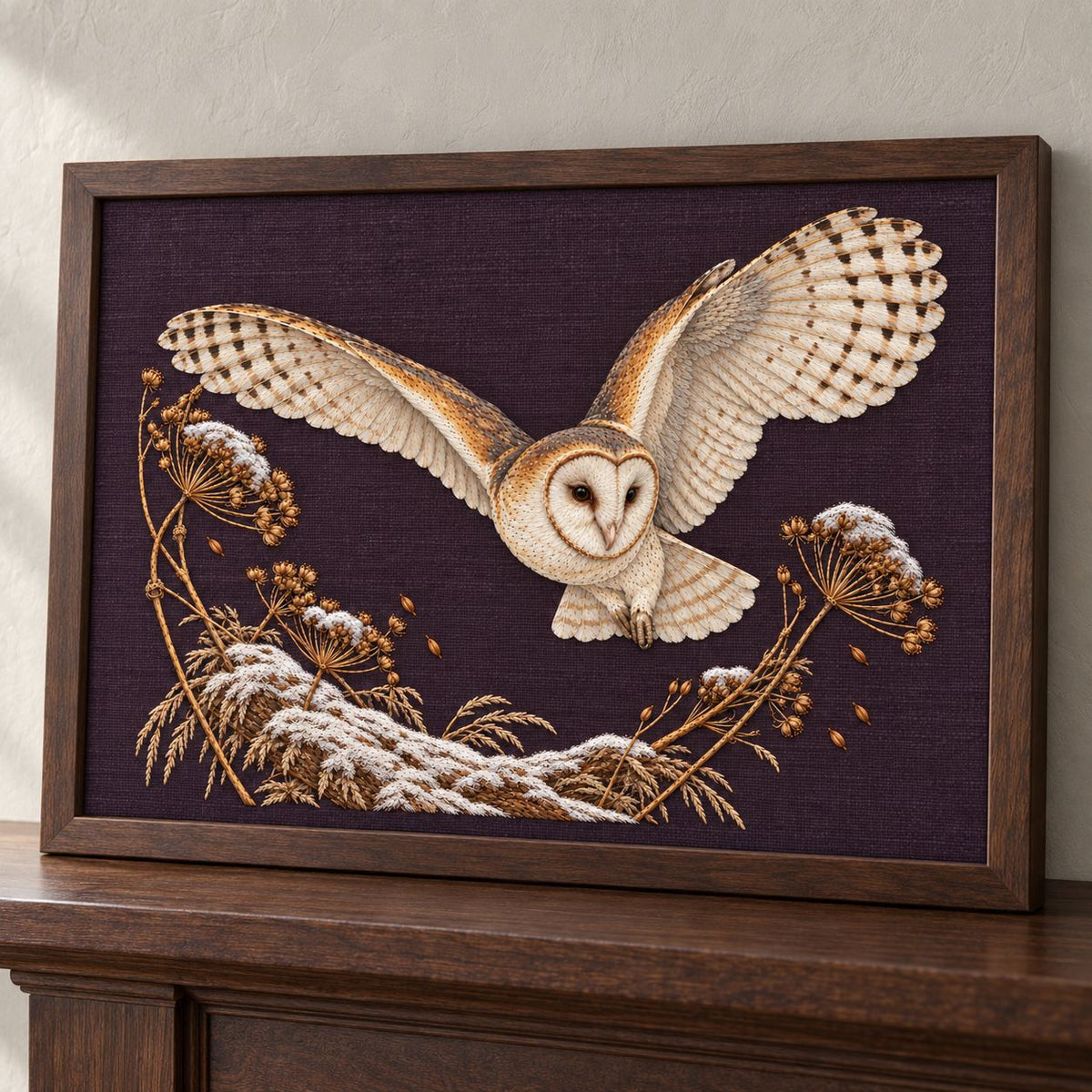 Barn Owl Through the Seed Snow Halo visual mockup shown in a frame leaning on a mantel, with the design on deep plum linen.