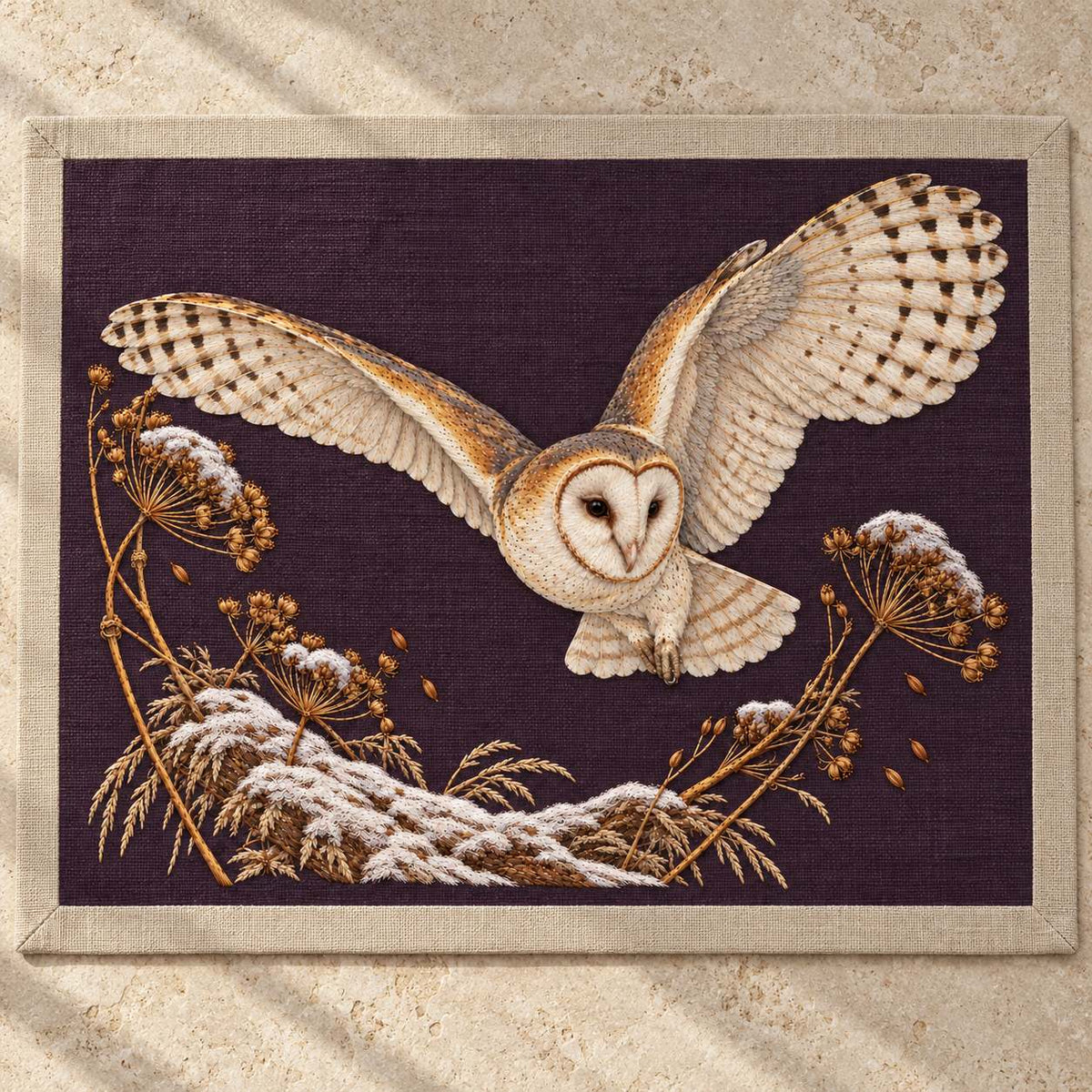 Barn Owl Through the Seed Snow Halo visual mockup shown as a textile panel on a stone platform, with the design on deep plum linen.