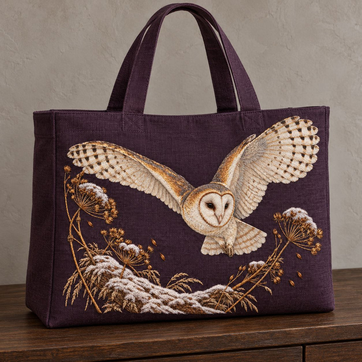 Barn Owl Through the Seed Snow Halo visual mockup shown on the front of a structured linen tote, with the design on deep plum linen.