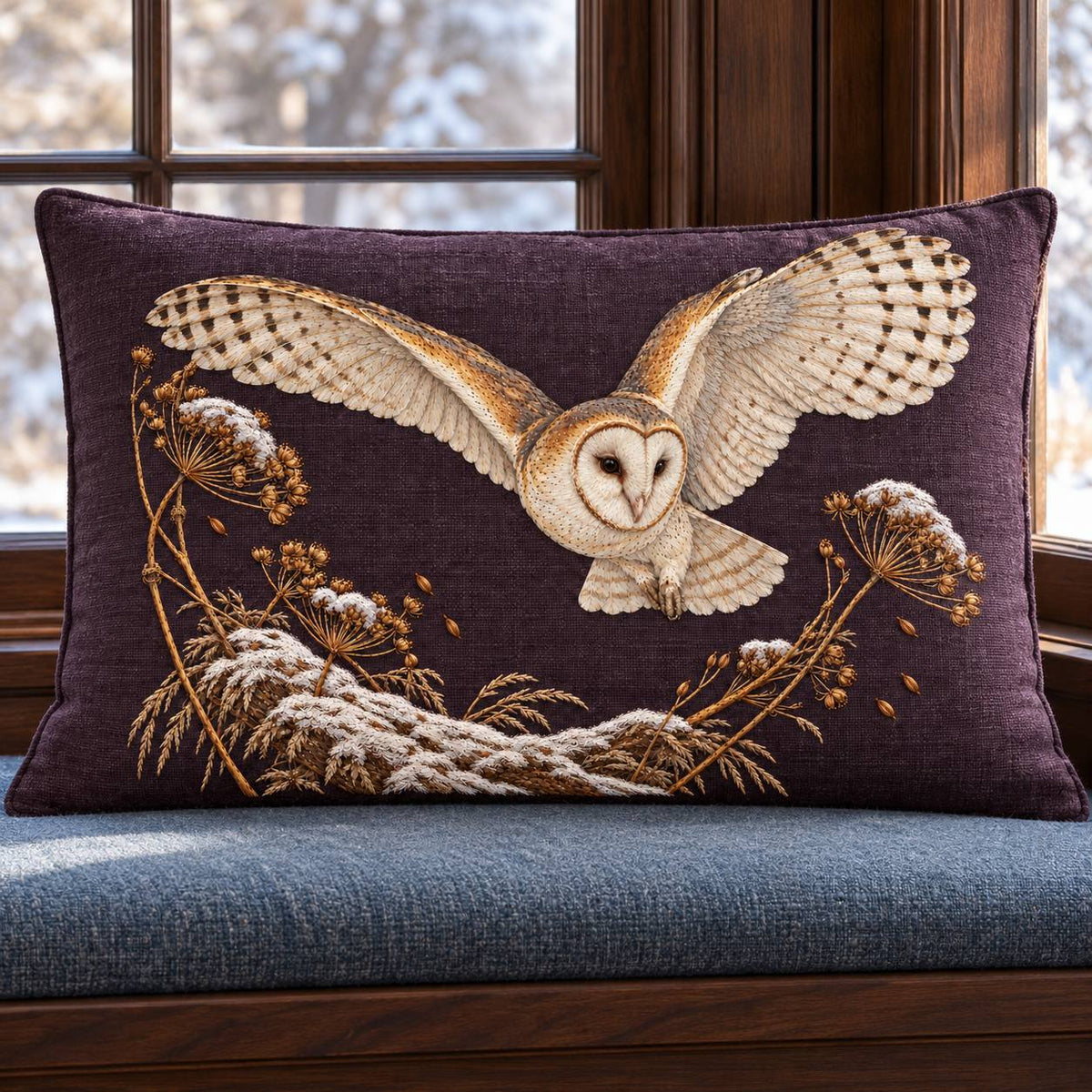 Barn Owl Through the Seed Snow Halo visual mockup shown on a cushion beside a window, with the design on deep plum linen.