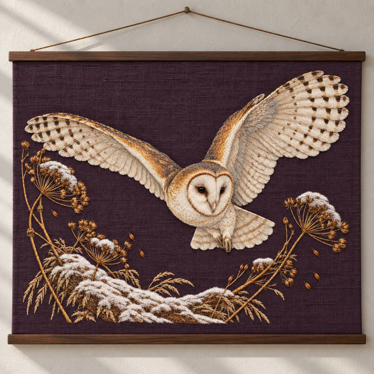 Barn Owl Through the Seed Snow Halo visual mockup shown as a hanging textile held by wooden rails, with the design on deep plum linen.