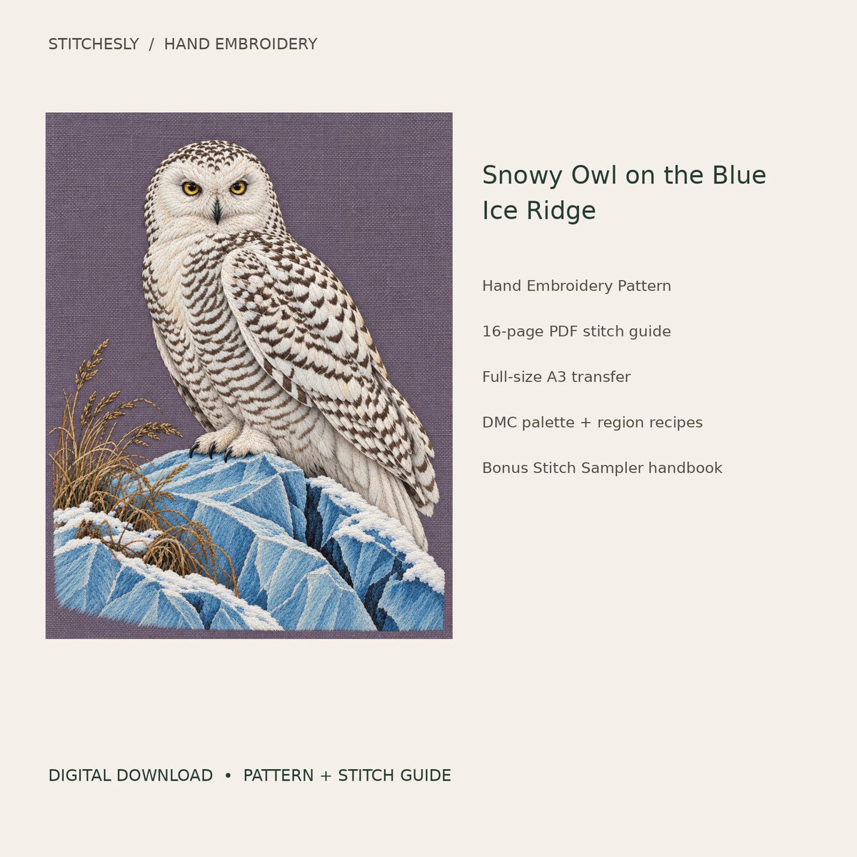 Snowy Owl on the Blue Ice Ridge: digital hand embroidery pattern cover with artwork and included files