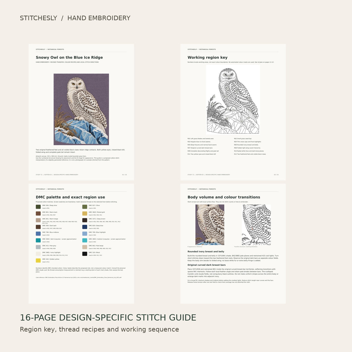 Snowy Owl on the Blue Ice Ridge: preview of the 16-page stitch guide, region key, DMC palette and stitching instructions