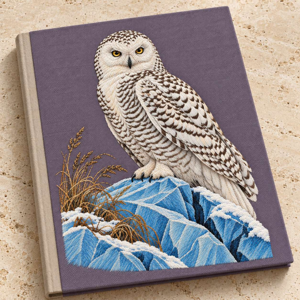 Snowy Owl on the Blue Ice Ridge visual mockup shown on a cloth portfolio cover, with the design on muted lavender-grey linen.
