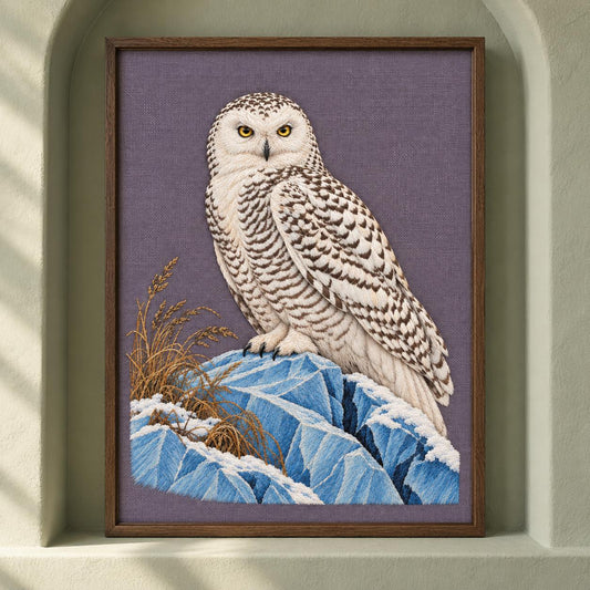Snowy Owl on the Blue Ice Ridge visual mockup shown as a framed textile in a gallery niche, with the design on muted lavender-grey linen.