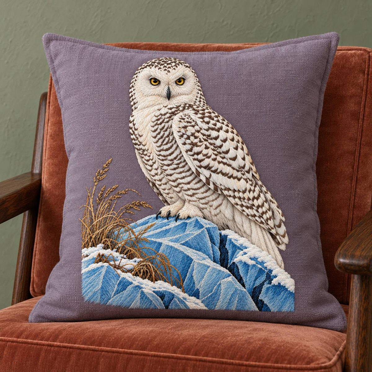 Snowy Owl on the Blue Ice Ridge visual mockup shown on a cushion in a lounge chair, with the design on muted lavender-grey linen.