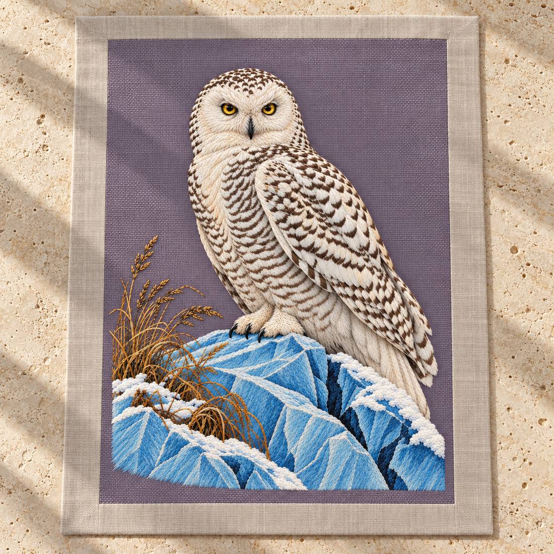 Snowy Owl on the Blue Ice Ridge visual mockup shown as a textile panel on a stone platform, with the design on muted lavender-grey linen.