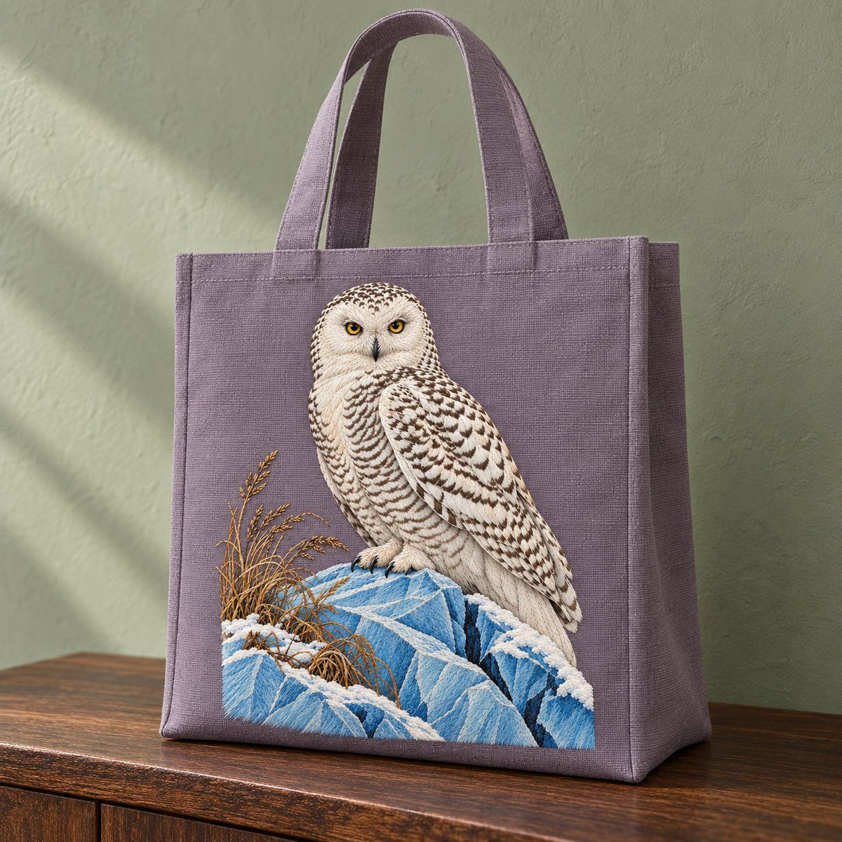 Snowy Owl on the Blue Ice Ridge visual mockup shown on the front of a structured linen tote, with the design on muted lavender-grey linen.