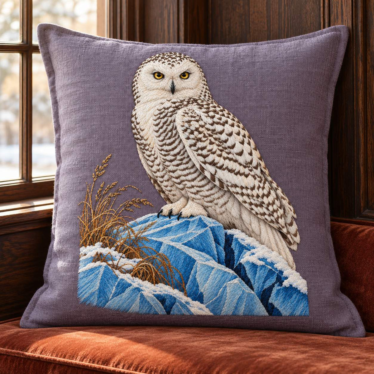 Snowy Owl on the Blue Ice Ridge visual mockup shown on a cushion beside a window, with the design on muted lavender-grey linen.