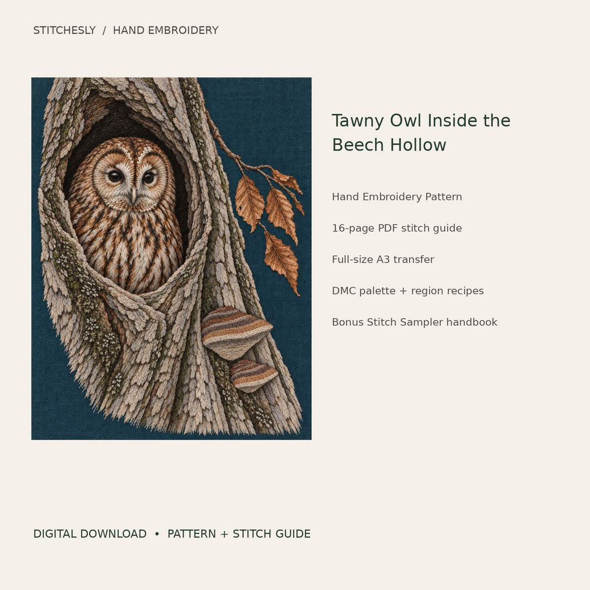 Tawny Owl Inside the Beech Hollow: digital hand embroidery pattern cover with artwork and included files