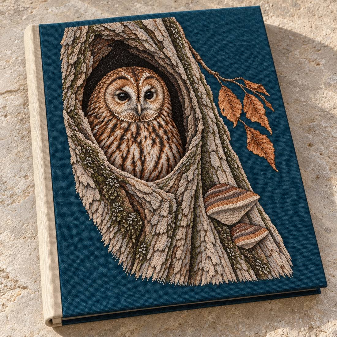 Tawny Owl Inside the Beech Hollow visual mockup shown on a cloth portfolio cover, with the design on deep teal linen.